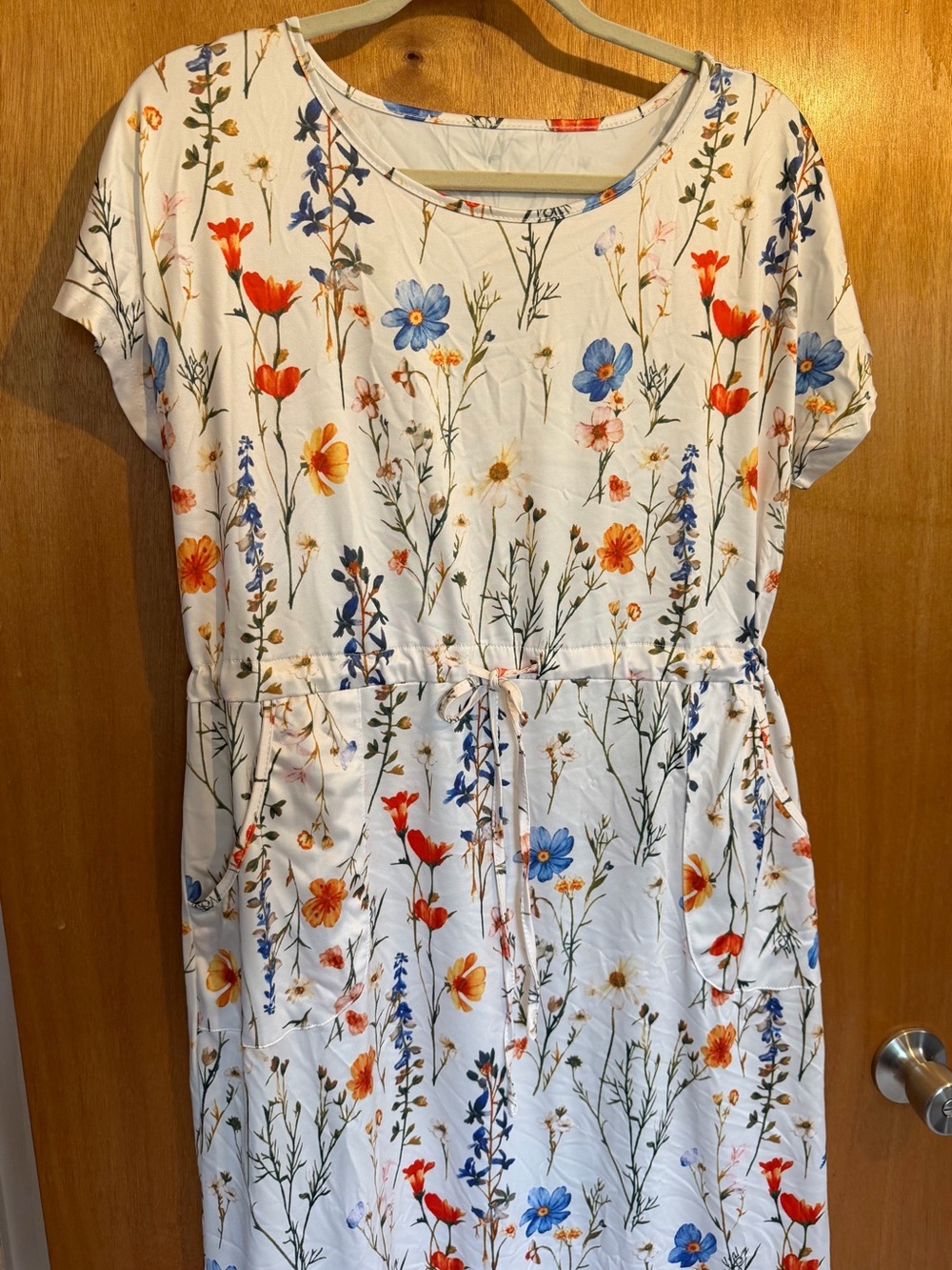 Floral Drawstring Midi Dress in White with Blue & Orange Blooms